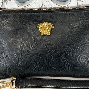 Versace Medusa Black Embossed Leather Clutch Pouch Gold Hardware